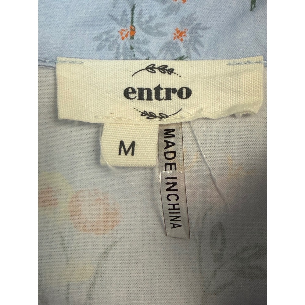 Entro Floral Flutter Sleeve Blouse Women Medium Blue Pintuck Pleated Cotton Top - Picture 4 of 8
